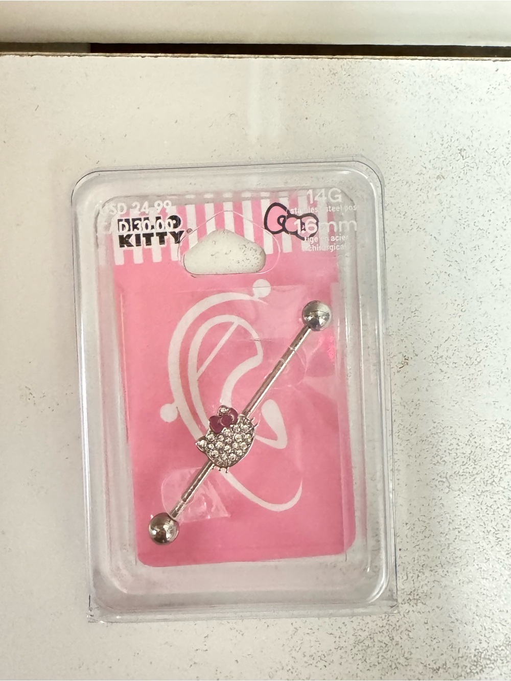 Hello Kitty Silver Barbell with Pink and Clear Gems